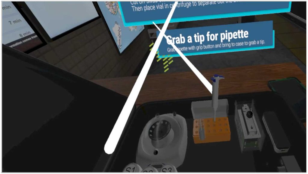 VR training demo screen showing step of virtually grabbing a pipette.